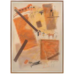 Abstract mixed-media composition in warm orange tones with geometric shapes, lines, and symbolic figures.