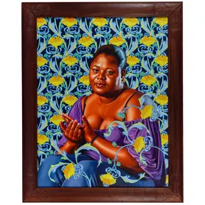 Vibrant portrait of a woman in a purple dress set against a decorative blue and yellow floral patterned background.