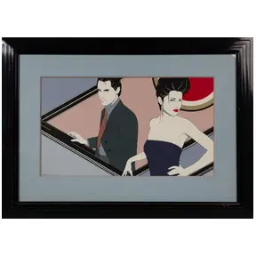 Stylized 1980s-inspired illustration of a fashionable man and woman with bold graphic lines and muted colors in a black frame.