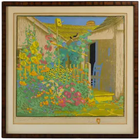 Colorful woodblock print of a lush cottage garden with bright flowers, a blue chair, and a yellow bird perched above.