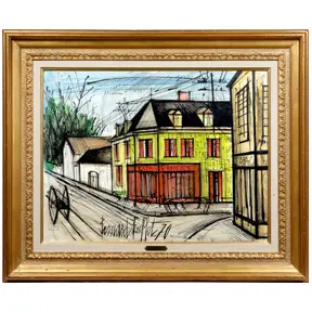 Expressionist street scene of a yellow and red café building with bold black lines and skewed perspective.