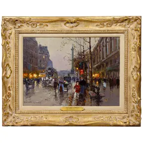 Impressionist Paris street scene at dusk with glowing shop lights reflecting on wet pavement in an ornate gold frame.