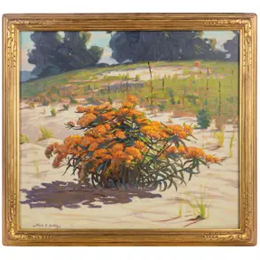 Impressionist landscape painting of orange wildflowers in sandy dunes beneath a green hillside.