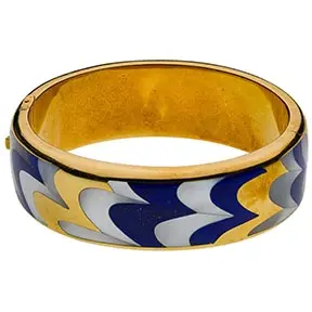 Angela Cummings for Tiffany & Co. 18k yellow gold hinged bracelet with blue and white enamel wave design.