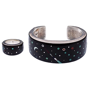 Jesse Monongya sterling silver “Review of the Universe” cuff bracelet and matching ring with inlaid gemstone constellation design.