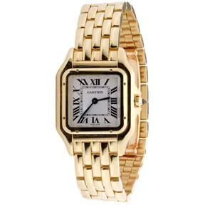 Cartier Panthère 18k yellow gold wristwatch with square case, Roman numeral dial, and link bracelet.