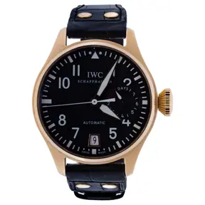 IWC Schaffhausen Big Pilot 18k rose gold wristwatch with black dial, date window, and power reserve indicator on leather strap.