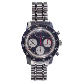 Mathey-Tissot stainless steel chronograph wristwatch with black tachymeter bezel and tri-compax dial.