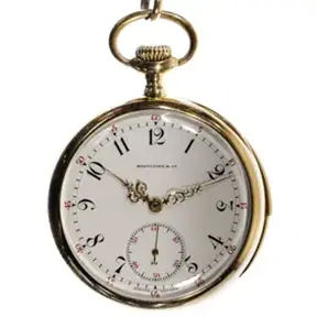 Patek Philippe open-face pocket watch with white enamel dial, Arabic numerals, and subsidiary seconds.