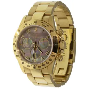 Rolex 18k yellow gold chronograph wristwatch with mother-of-pearl dial and tachymeter bezel.