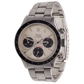 Rolex Cosmograph Daytona stainless steel chronograph with black bezel and “Big Red” Daytona text.