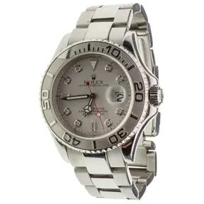 Rolex Yacht-Master stainless steel wristwatch with platinum bezel, gray dial, and diamond hour markers.