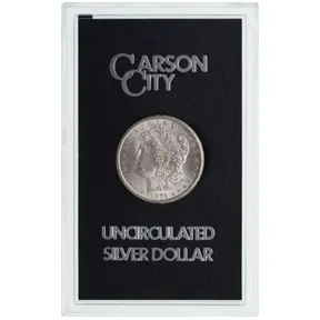 1879 Carson City Morgan silver dollar in uncirculated presentation holder.