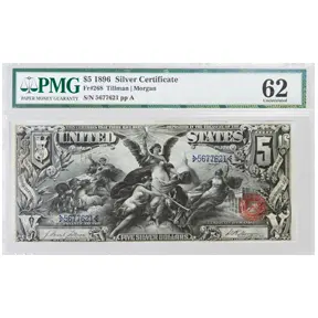 1896 $5 Silver Certificate Educational Series note graded PMG 62.