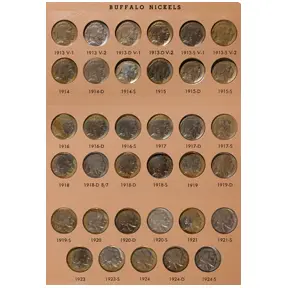 Complete set of Buffalo nickels displayed in album.