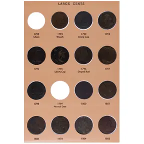 Large cent collection spanning 1793 to 1857 in album.