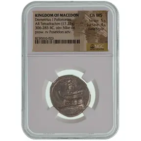 Ancient silver tetradrachm of Demetrius I Poliorcetes graded NGC Ch MS.