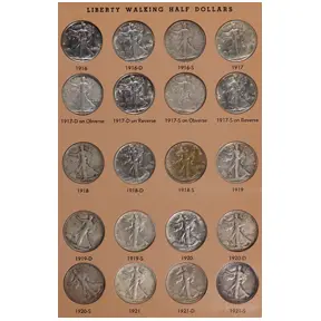 Near-complete set of Walking Liberty half dollars in album.